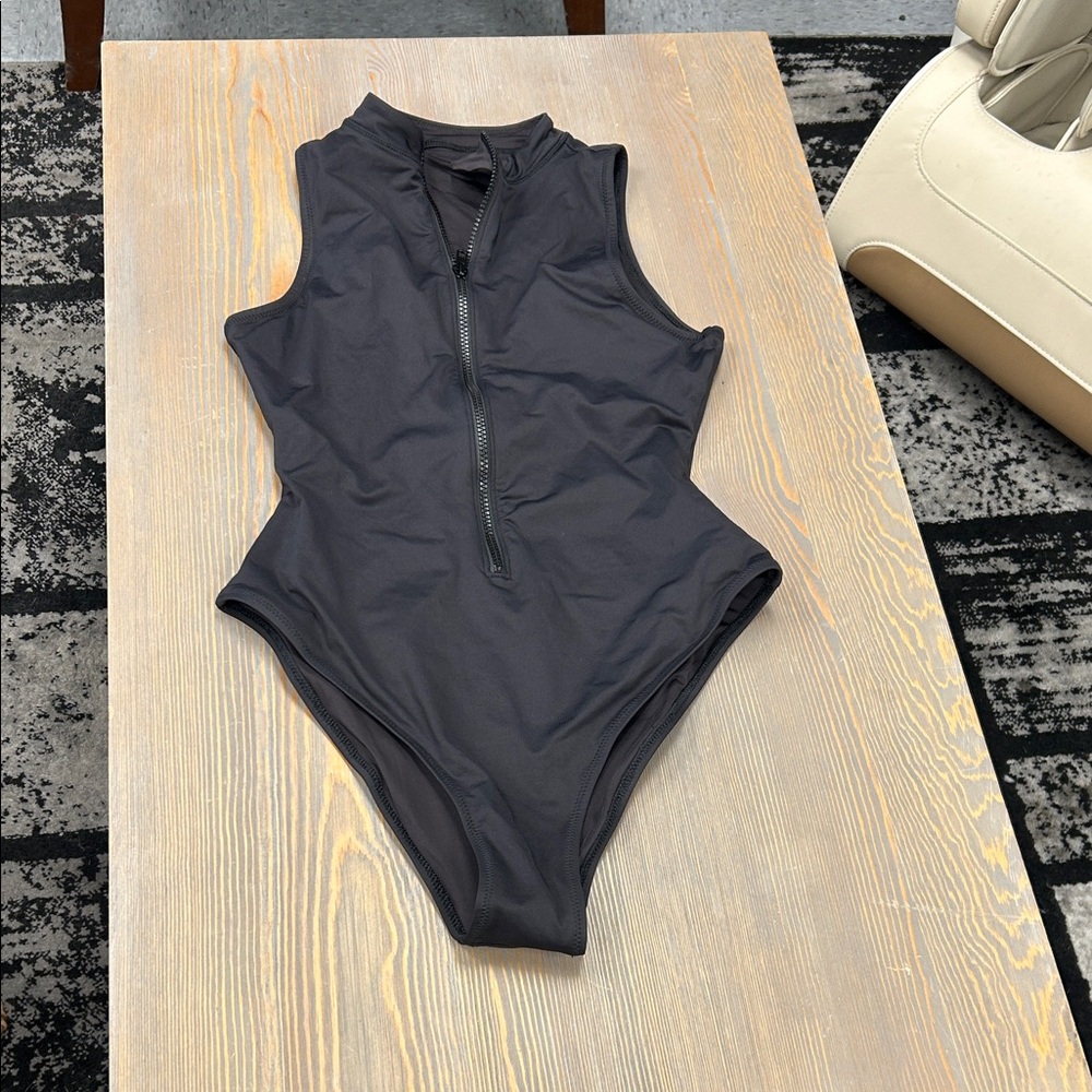 SKIMS Black Zip-Front One Piece Swimsuit